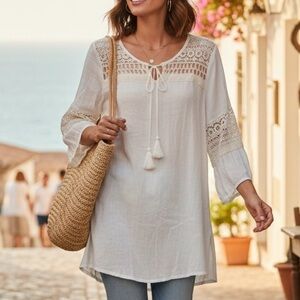 Monoreno 100% COTTON LARGE Boho White Lace Tunic Top NEW Crochet Detail Flowy